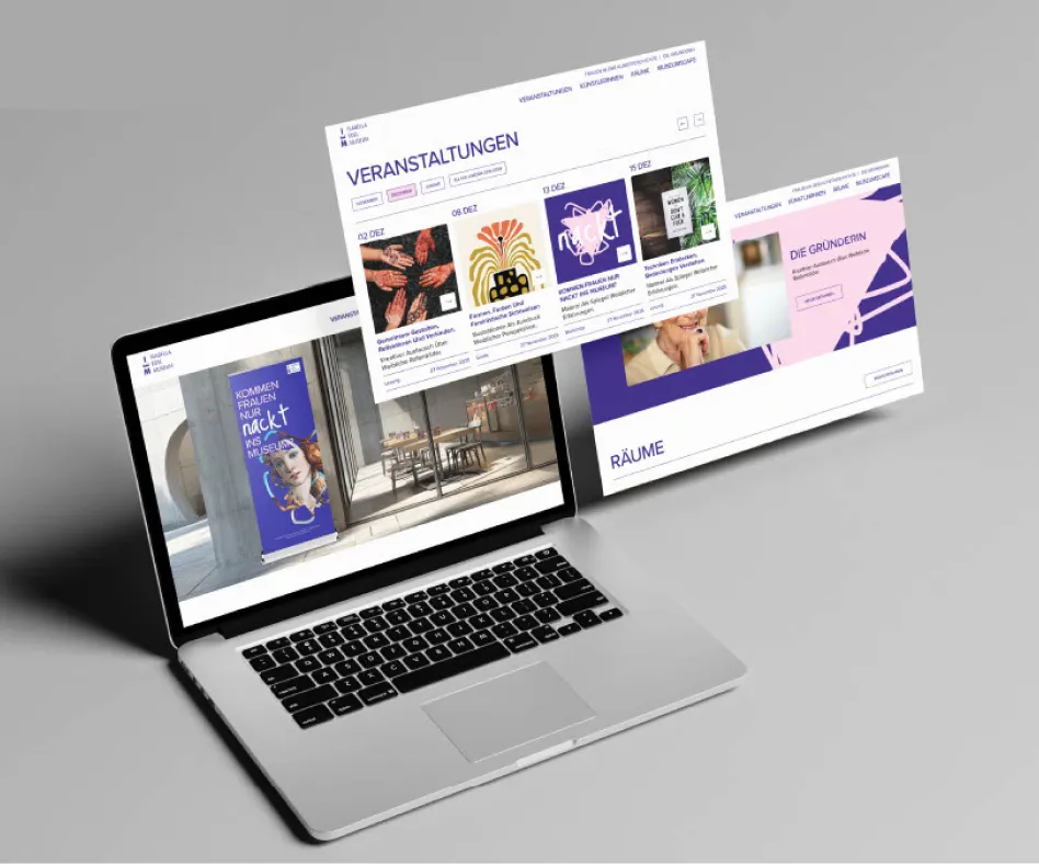 Desktop-Mockup der Website des Isabella Edel Museums mit Veranstaltungsübersicht und thematischer Navigation.