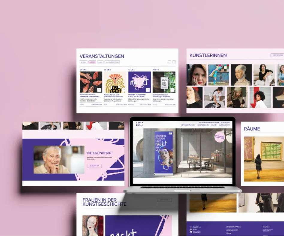 Darstellung mehrerer Website-Sektionen des Isabella Edel Museums, darunter Veranstaltungen, Künstlerinnen und Ausstellungsräume.