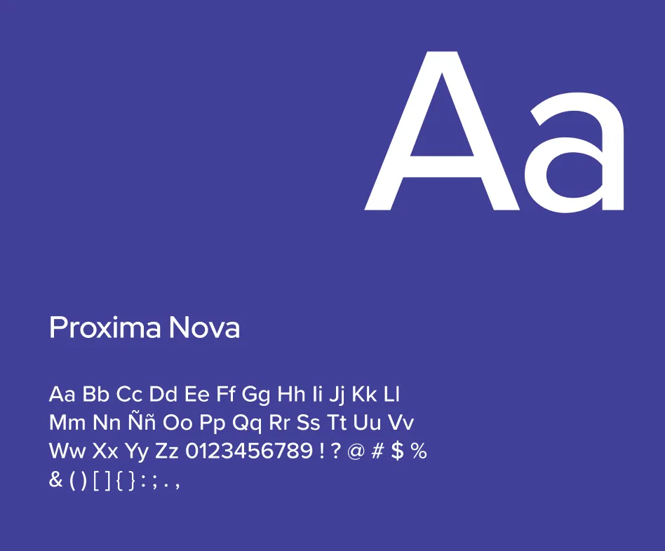 Typografische Darstellung der Schrift Proxima Nova mit Alphabet, Zahlen und Sonderzeichen für den Einsatz im Corporate Design.