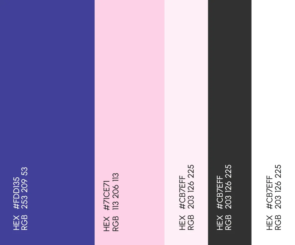 Farbpalette des Corporate Designs mit Violett-, Rosa-, Schwarz- und Weißtönen inklusive HEX- und RGB-Werten.