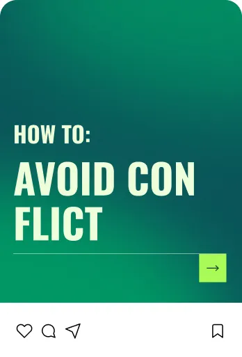 Grüne Karte mit heller Schrift 'How to: Avoid conflict' und Symbolen für Like, Kommentar, Teilen und Lesezeichen unten.