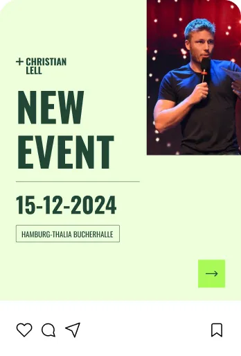 Ankündigung für eine neue Veranstaltung mit Christian Lell am 15. Dezember 2024 in der Hamburg-Thalia Bücherhalle, rechts Bild von Christian Lell mit Mikrofon auf Bühne.