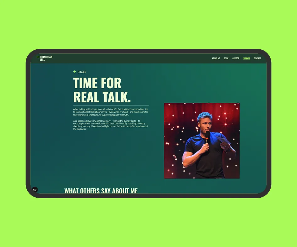 Desktop-Ansicht der Speaker-Sektion mit Bildmaterial und redaktionellen Inhalten