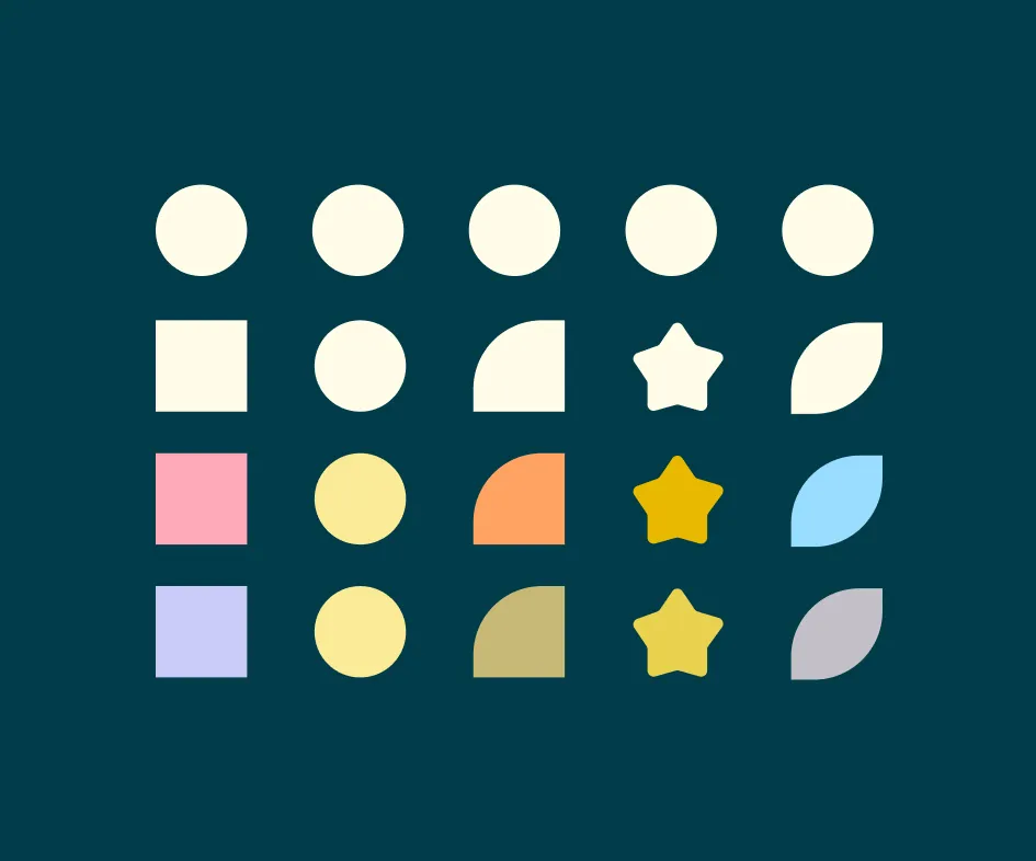 Ein Raster aus geometrischen Formen in neutralen, rosa, gelben, orangefarbenen, blauen und grauen Farbtönen auf dunklem Hintergrund.