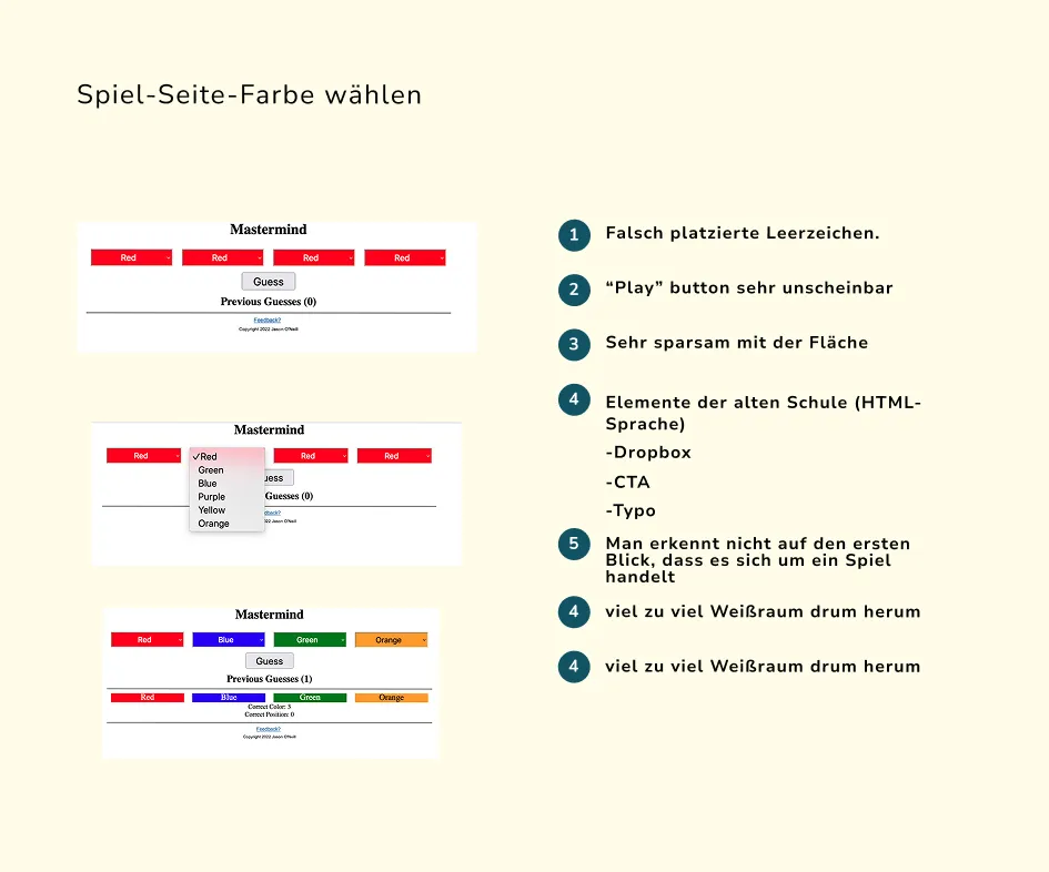 Drei Screenshots eines Mastermind-Spiels mit Dropdown-Menüs zur Farbauswahl und daneben eine Liste mit sieben Designkritiken in deutscher Sprache.