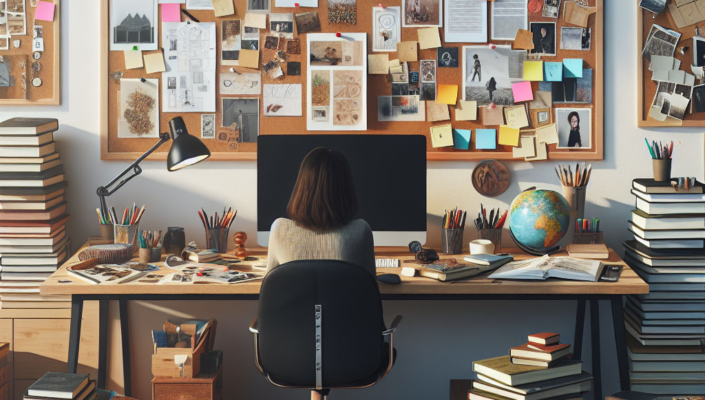 Woman sits at a cluttered desk facing a large monitor, surrounded by books, maps, and a bulletin board filled with notes and photos.