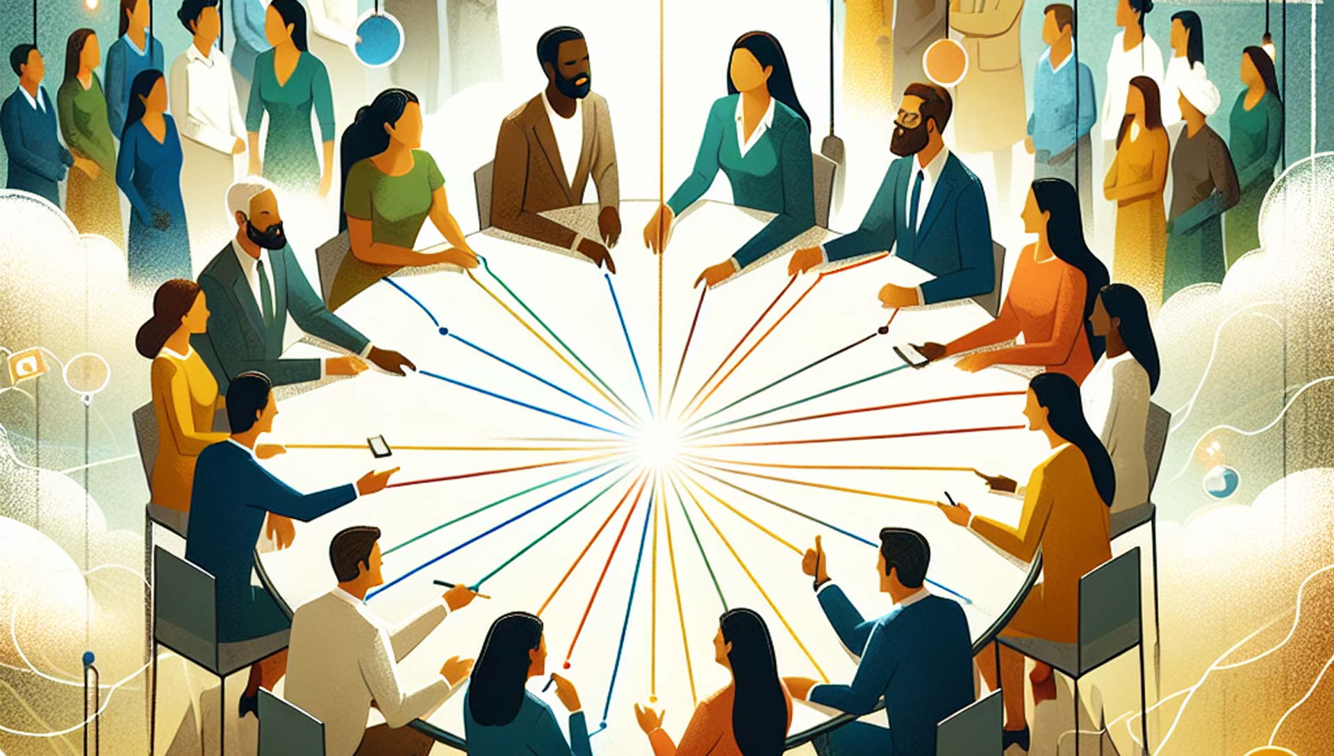 An illlustration of individuals meeting at a table communicating