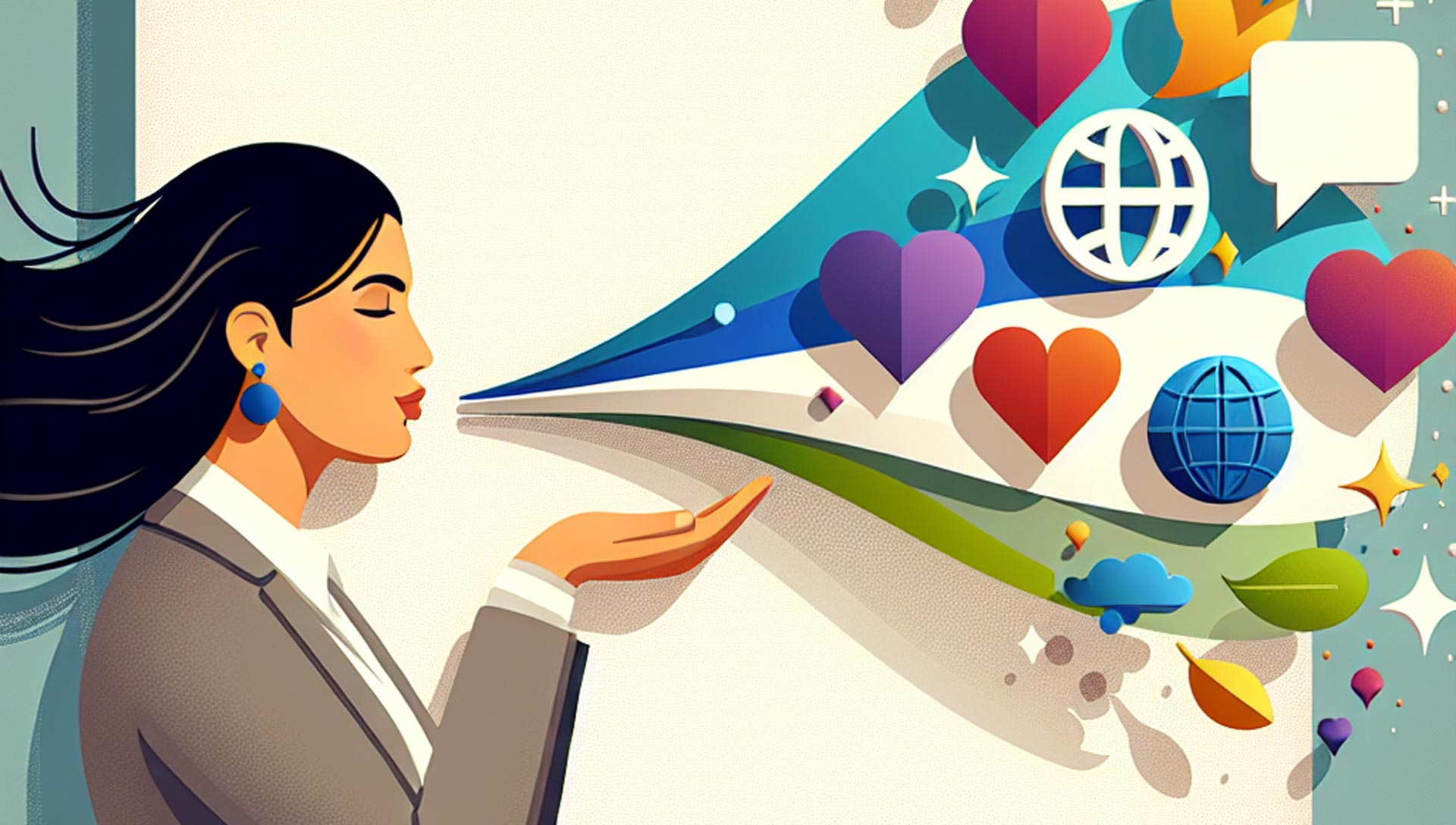 Illustrated woman blows colorful icons—hearts, globes, and chat bubbles—symbolizing communication, connection, and digital expression.
