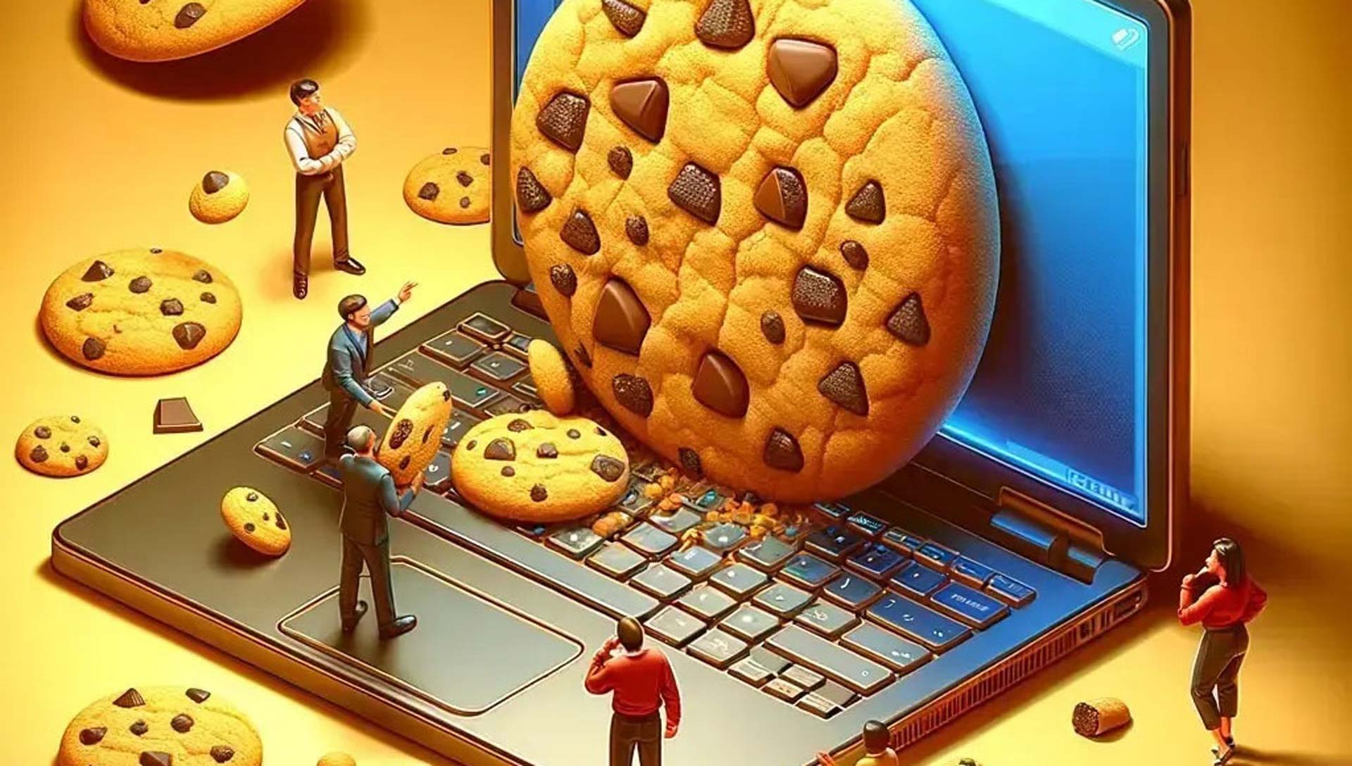 Giant chocolate chip cookies spill from a laptop screen as miniature people observe and interact, symbolizing internet cookies and data tracking.