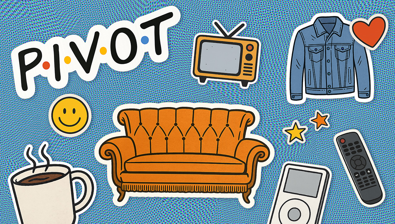 Illustrated stickers on a blue background featuring the word ‘PIVOT,’ an orange couch, a retro TV, denim jacket with a red heart, coffee cup, smiley face, remote control, iPod and stars.