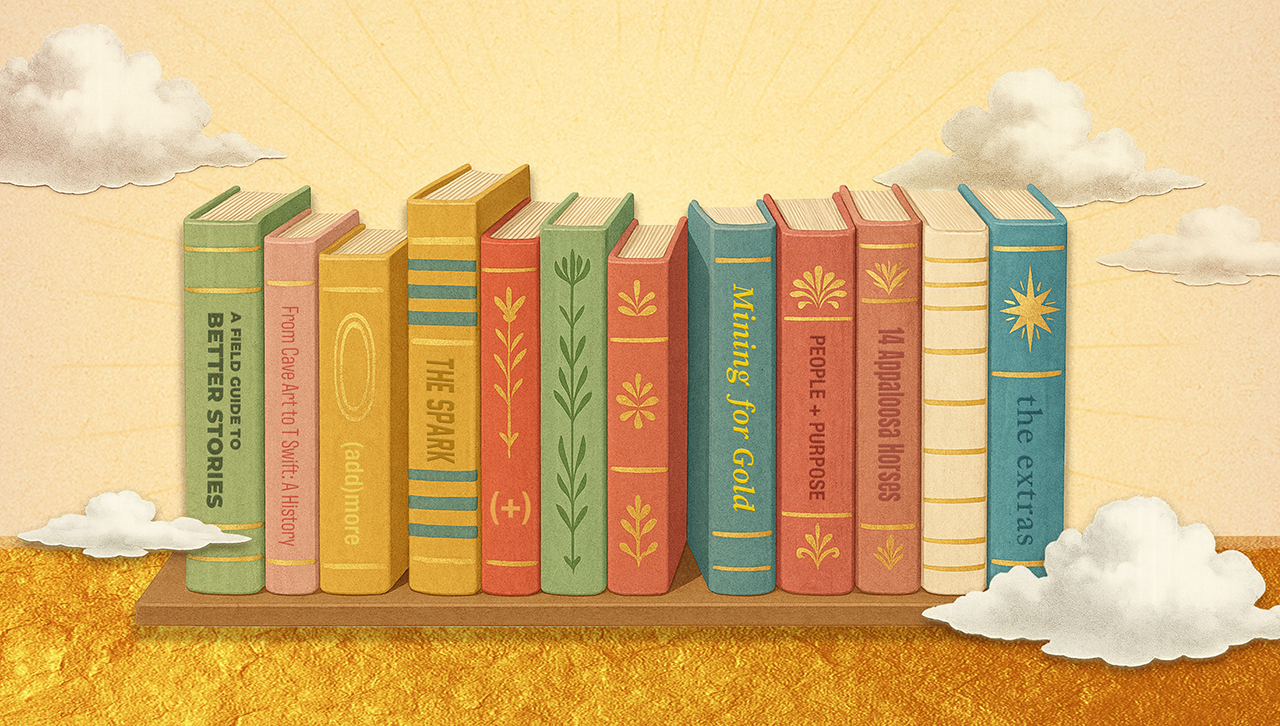 Illustrated row of colorful books on a shelf against a golden background with clouds."