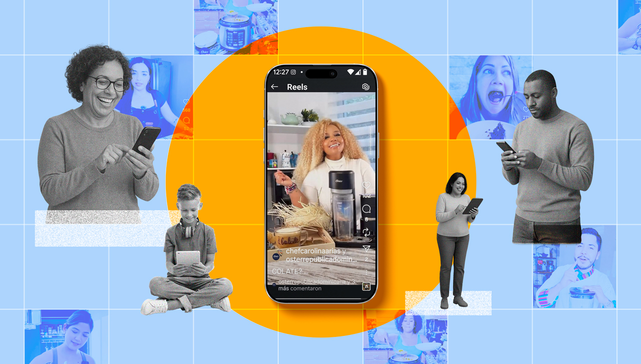 Collage of people smiling and using phones and tablets, centered around a large smartphone showing an Instagram Reels video of a woman in a kitchen.