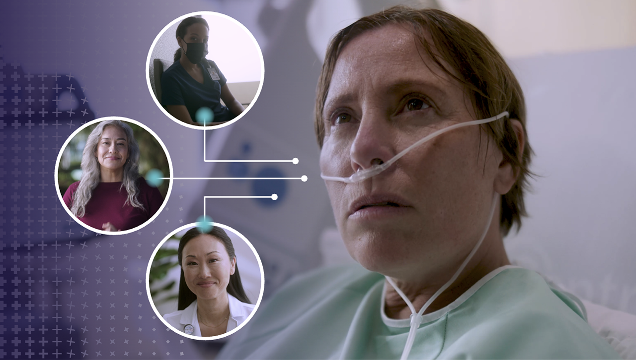Close-up of a patient’s face overlaid with circular graphics showing connected care visuals and health care professionals.