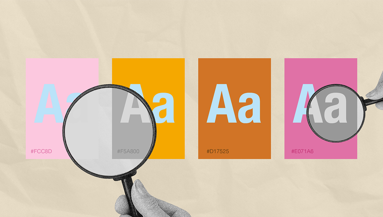 Graphic design concept showing four color swatches in pink, yellow, orange, and magenta with hex codes. Each swatch features large 'Aa' text in light blue. Two magnifying glasses highlight parts of the swatches.