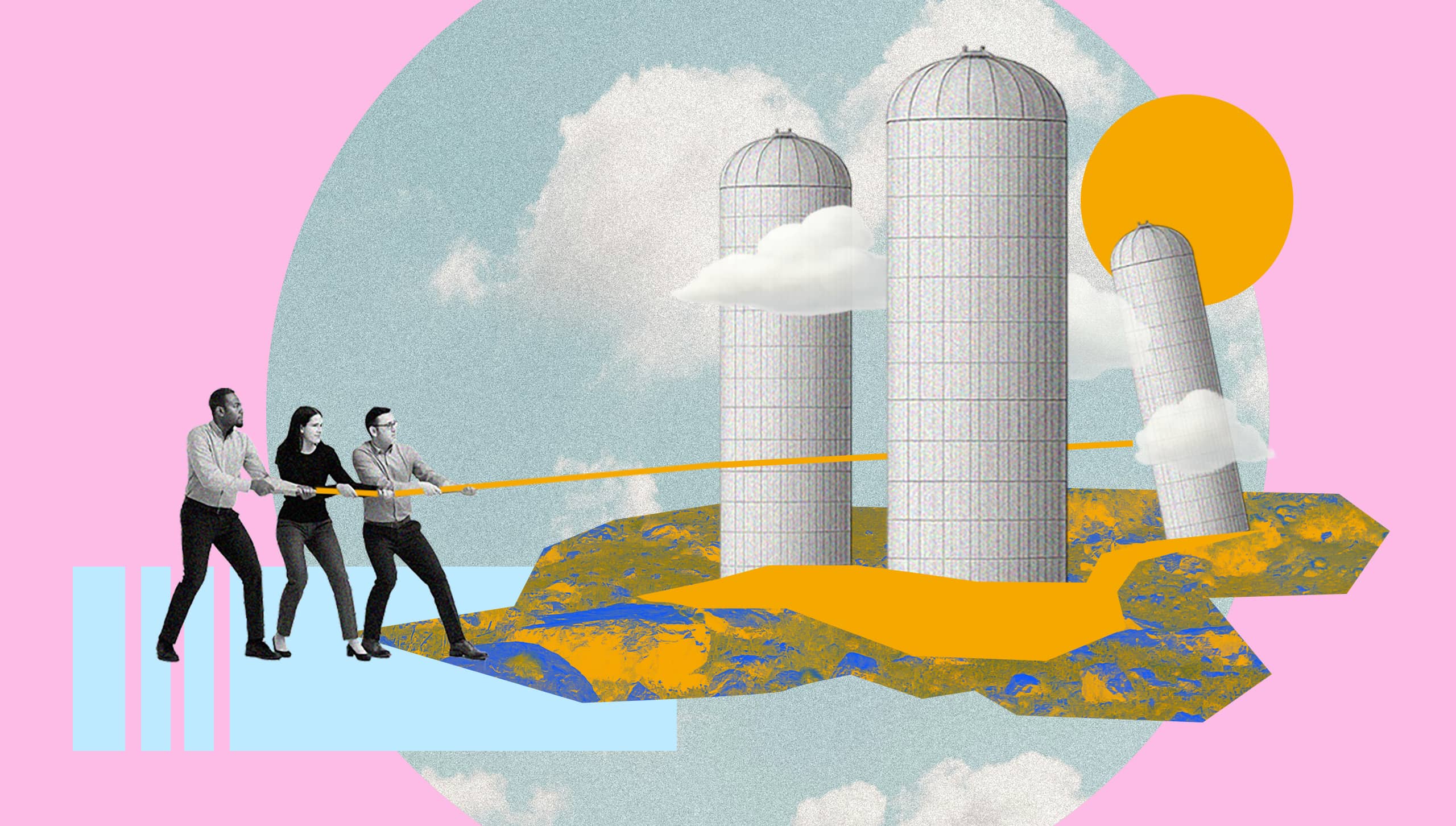 Collage illustration of three people pulling on a rope connected to tall farm silos.