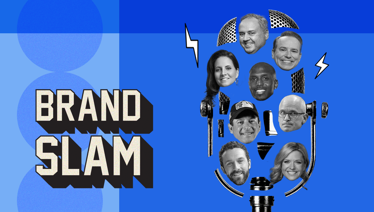A microphone composed of black-and-white headshots of seven people, arranged within the mic shape, with small lightning bolt icons on either side, set against a blue background. The words "Brand Slam" appear beside it.