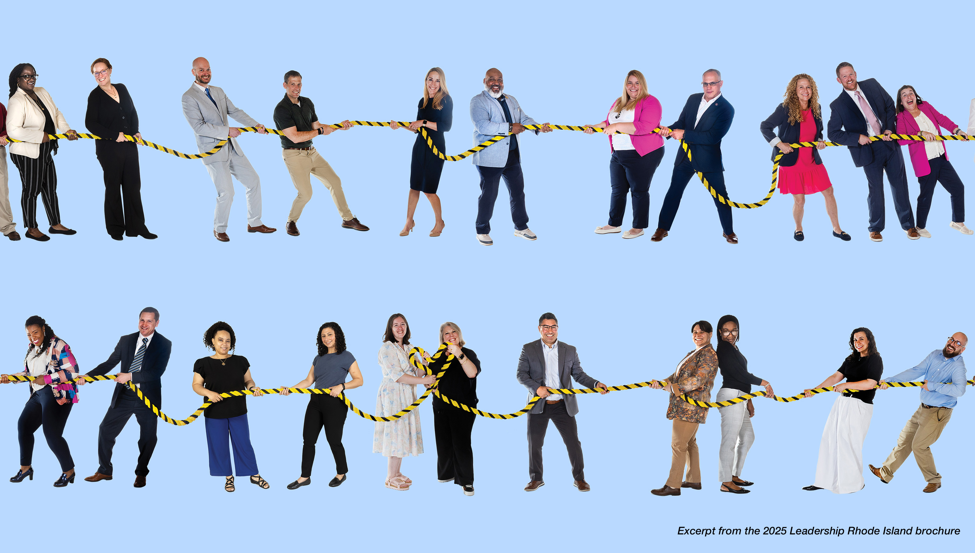 Large group of people pulling on a rope in a staged tug-of-war.