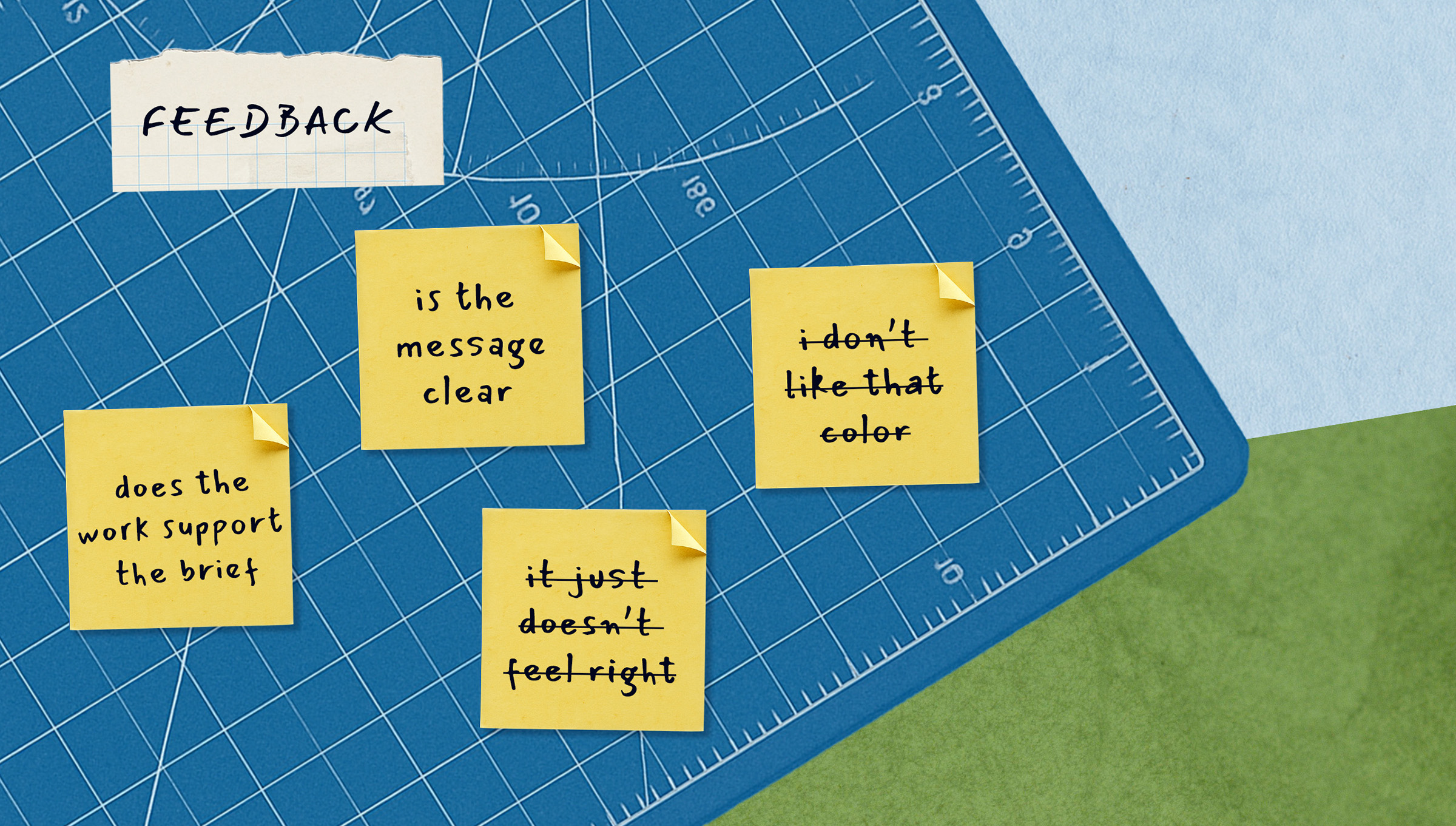 Sticky notes on a cutting mat with handwritten feedback messages.