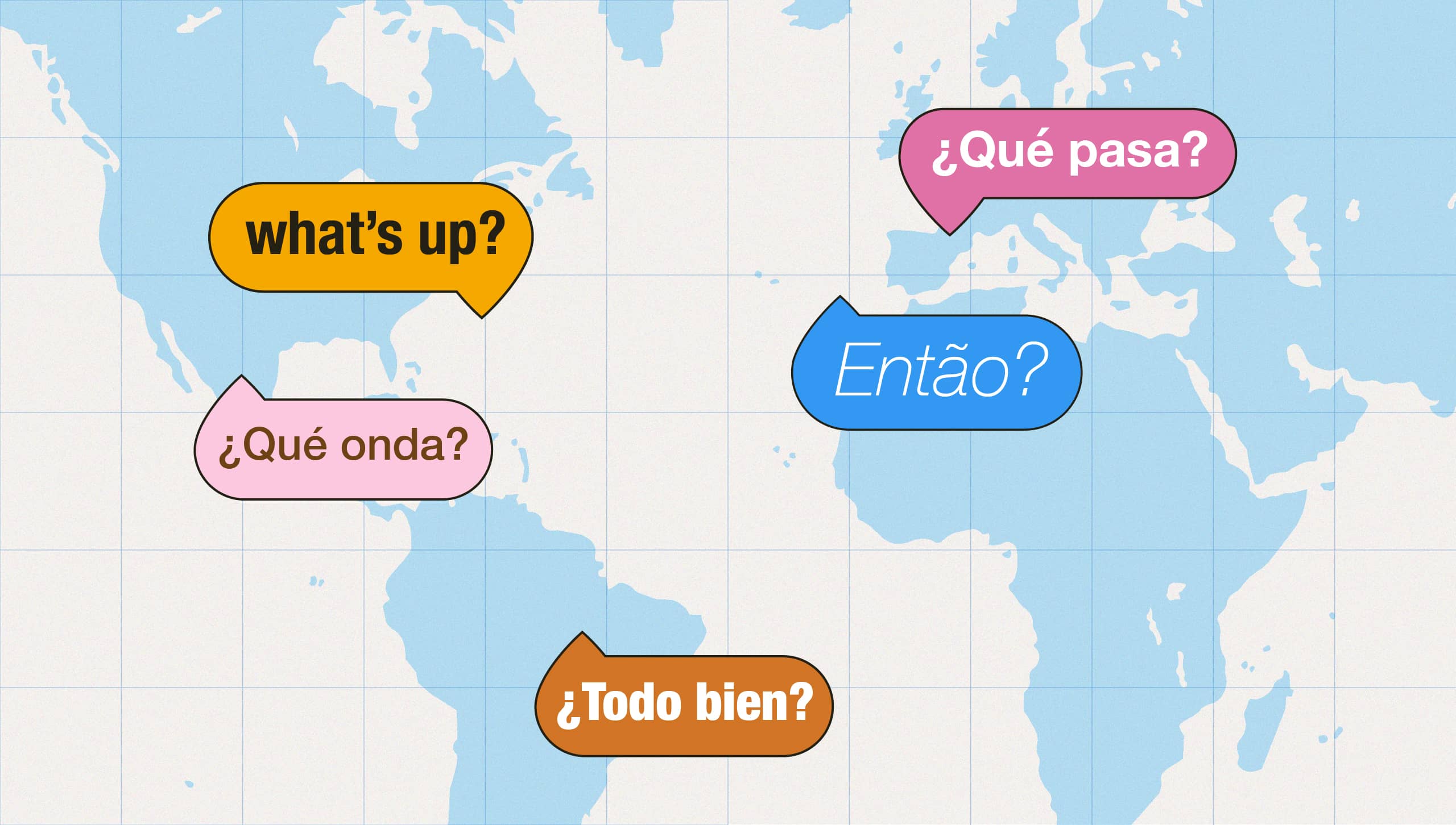Speech bubbles with greetings in different languages over a world map.