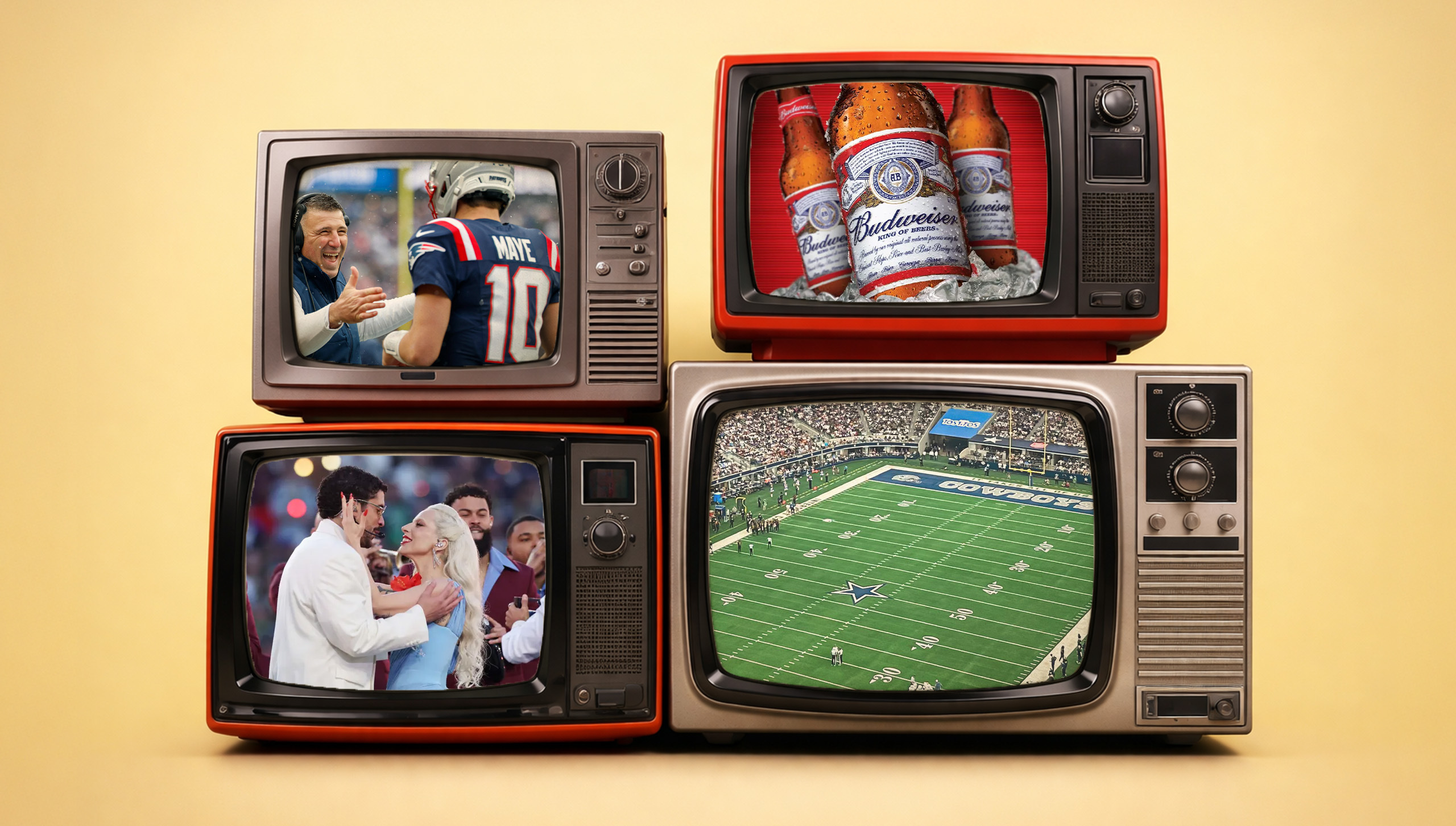 Vintage televisions showing stills from the Super Bowl, including Patriots quarterback Drake Maye, Bad Bunny and Lady Gaga, a Budweiser ad, and a football field.
