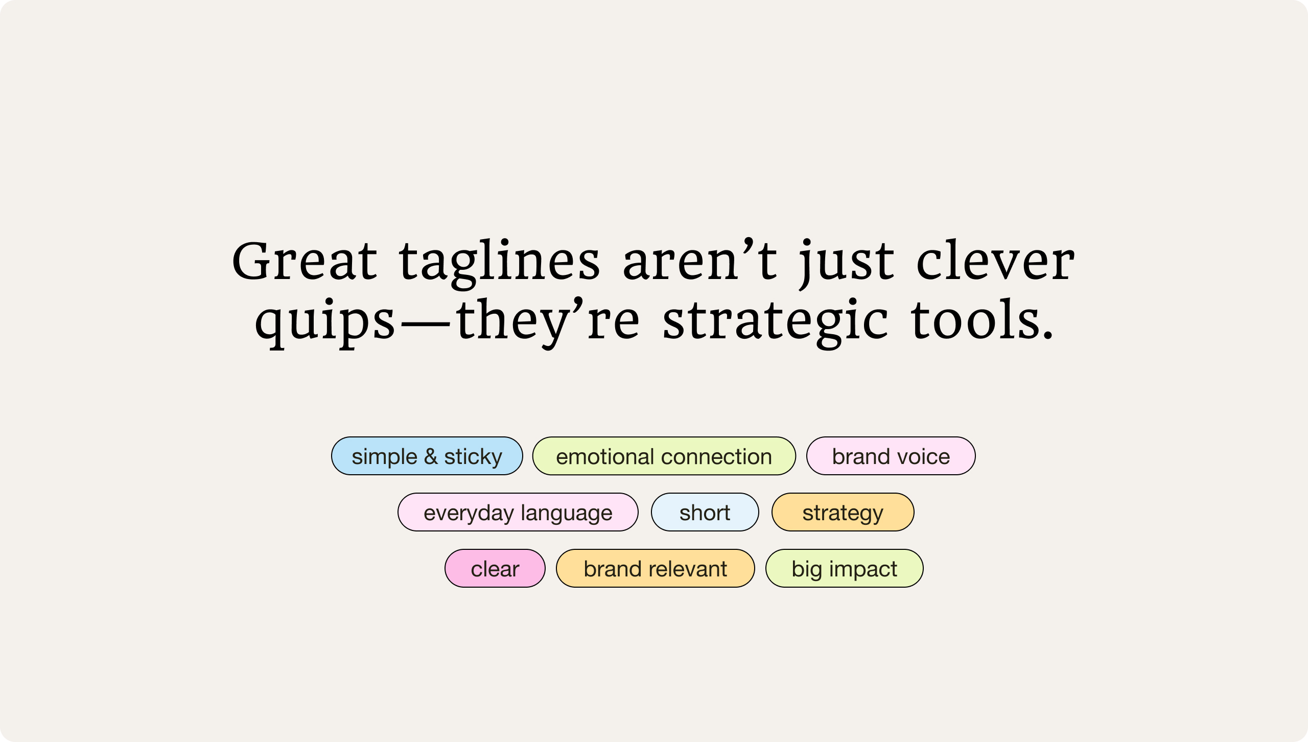 Image with a light beige background featuring the headline, “Great taglines aren’t just clever quips—they’re strategic tools.” Below the headline are rounded labels reading: “simple & sticky,” “emotional connection,” “brand voice,” “everyday language,” “sh