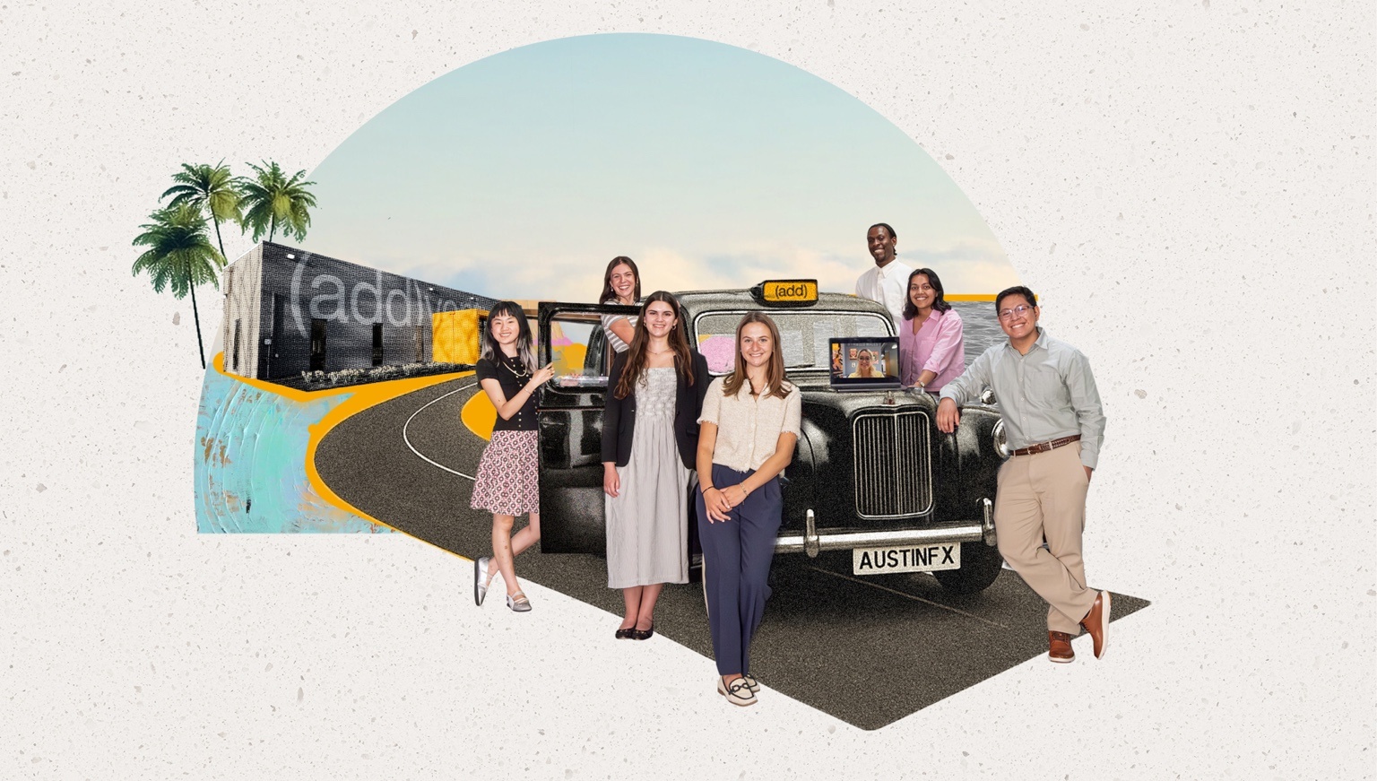 Interns posed in illustrated taxi