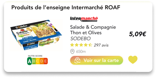 Étiquette d'un produit montrant le produit, son enseigne, sa description et son prix