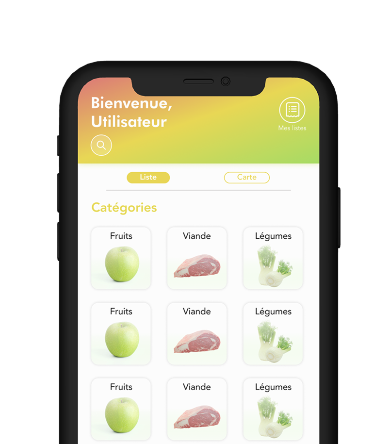 Maquette d'un téléphone montrant une vue de l'application FoodChoice