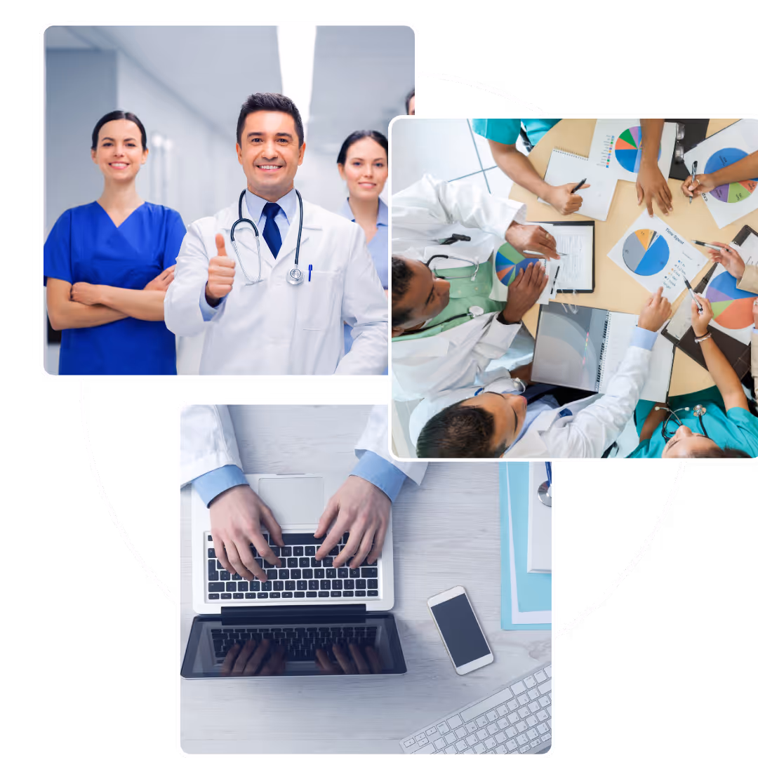 A group of doctors all working at a table dicussion healthcare marketing. Graphic for Nexamed a healthcare marketing agency