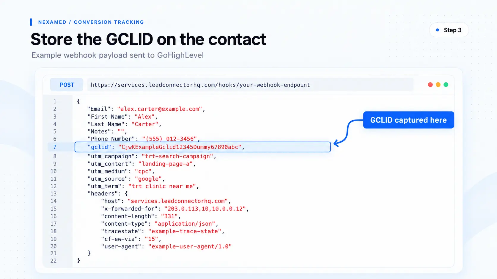 Example of a webhook payload coming from a landing page showing the GCLID captured in a hidden form