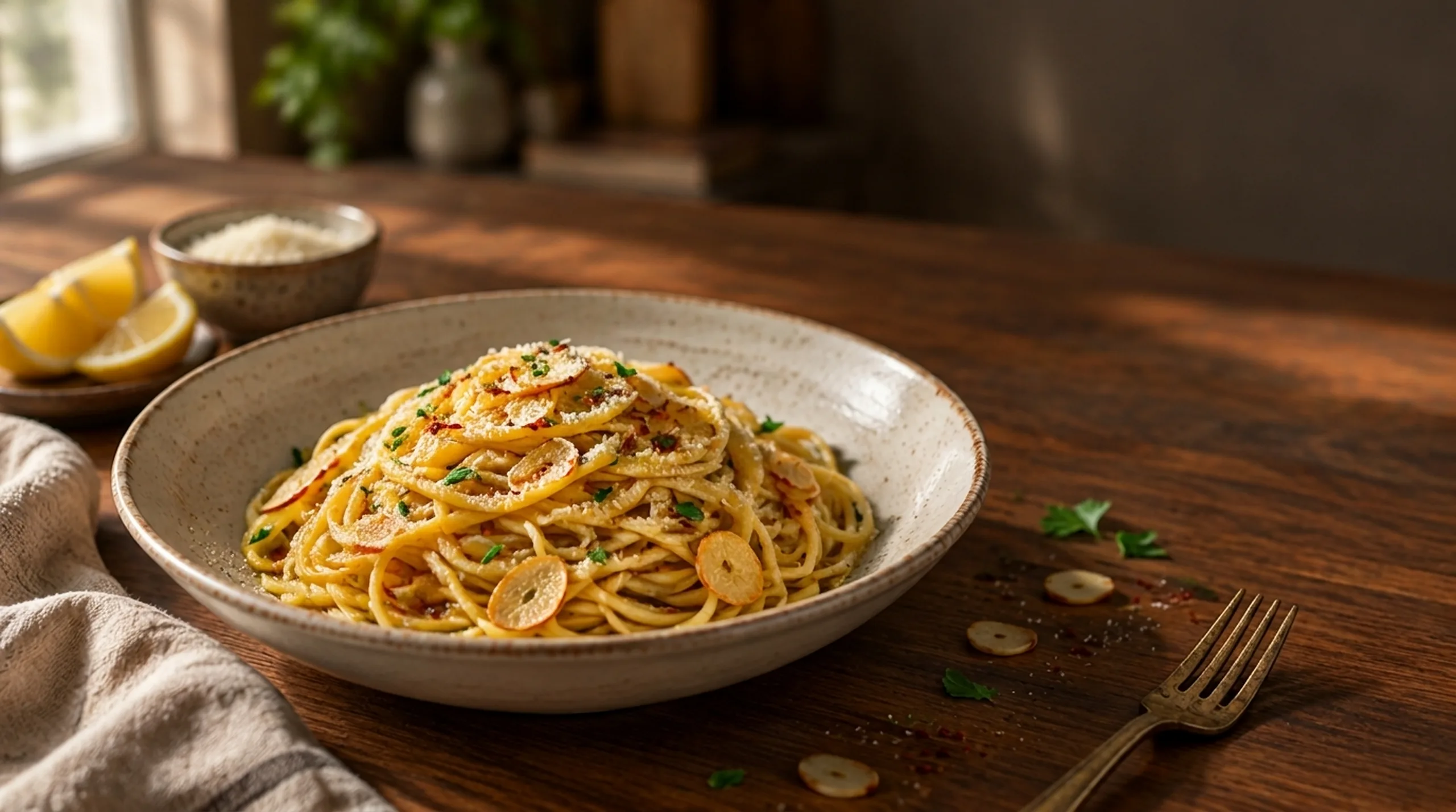 A bowl of spaghetti aglio e olio with sliced garlic, red pepper flakes, and parsley on a wooden table