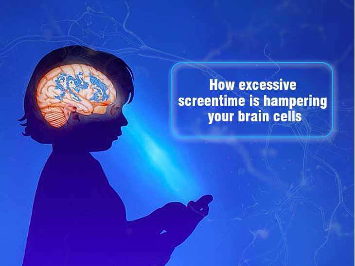 Illustration of MRI brain scan showing screen time effects on children's neural pathways, with Europe policy icons