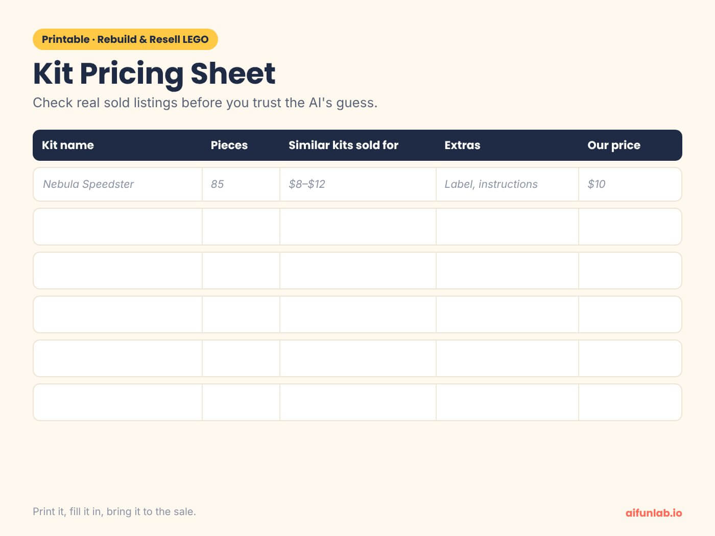 Printable LEGO kit pricing sheet for kids