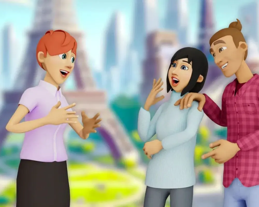 Screenshot of an AI language practice app where kids talk with a virtual character