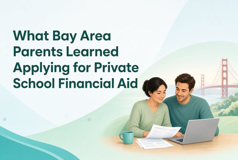 Parents reviewing private school financial aid documents at a table with Bay Area skyline