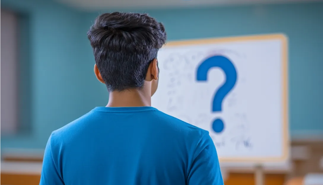 A boy staring at the whiteboard with  doubt 