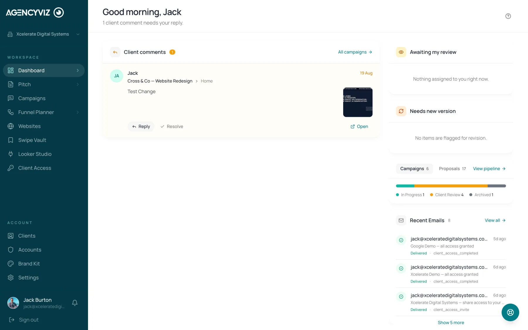AgencyViz dashboard showing client comments, review status and campaign pipeline