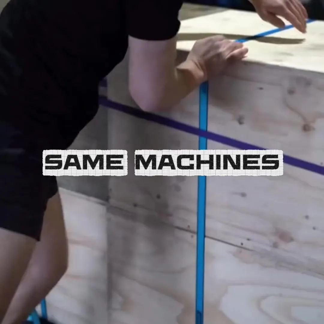 Video ad, a workbench shot captioned same machines