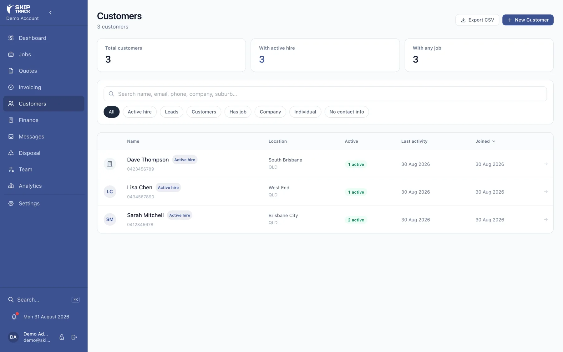 SkipTrack customer dashboard showing active hires and job status