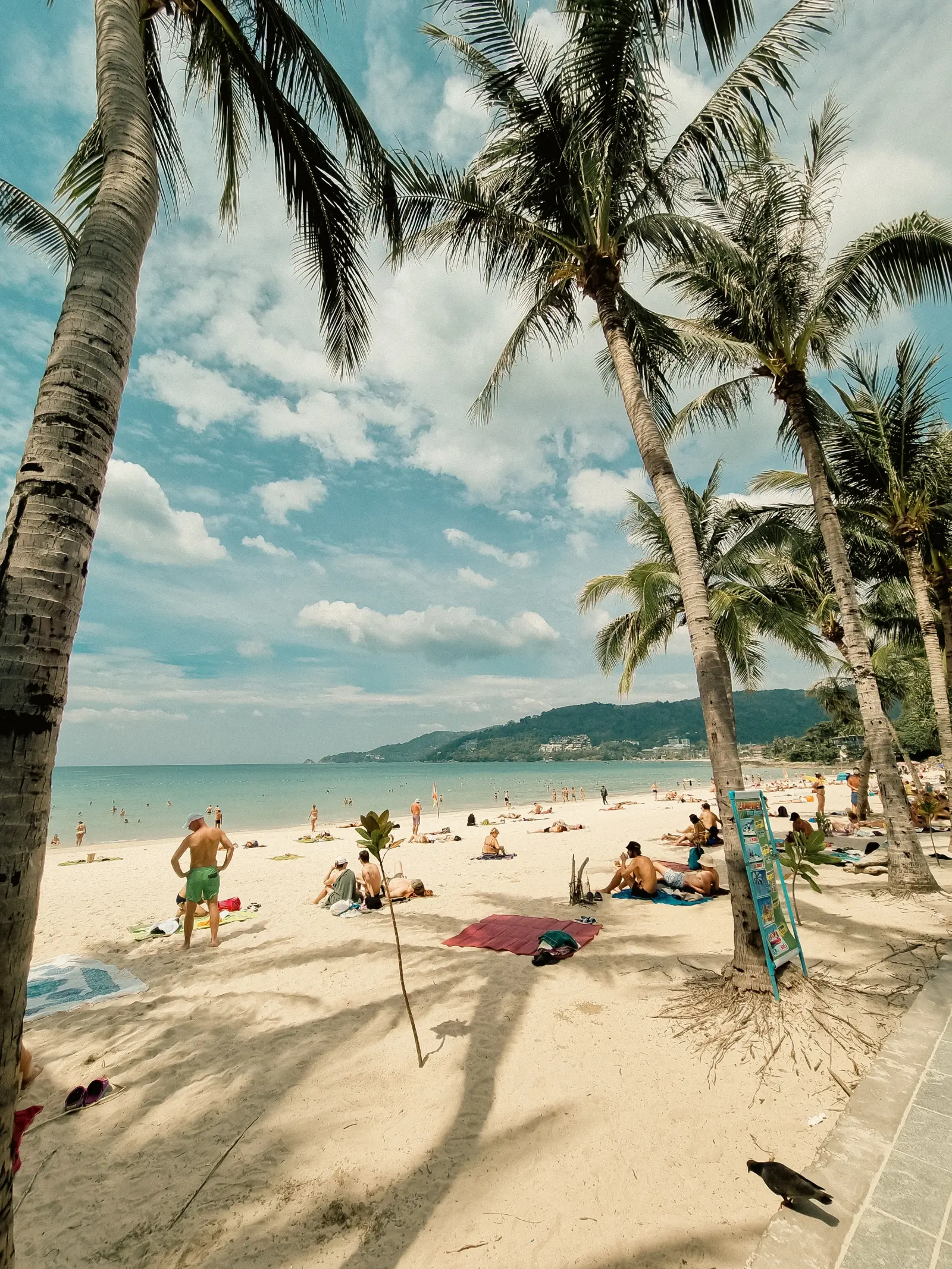Patong Beach in Phuket, Thailand, with palm trees, white sand, calm sea, and visitors relaxing along the shoreline.