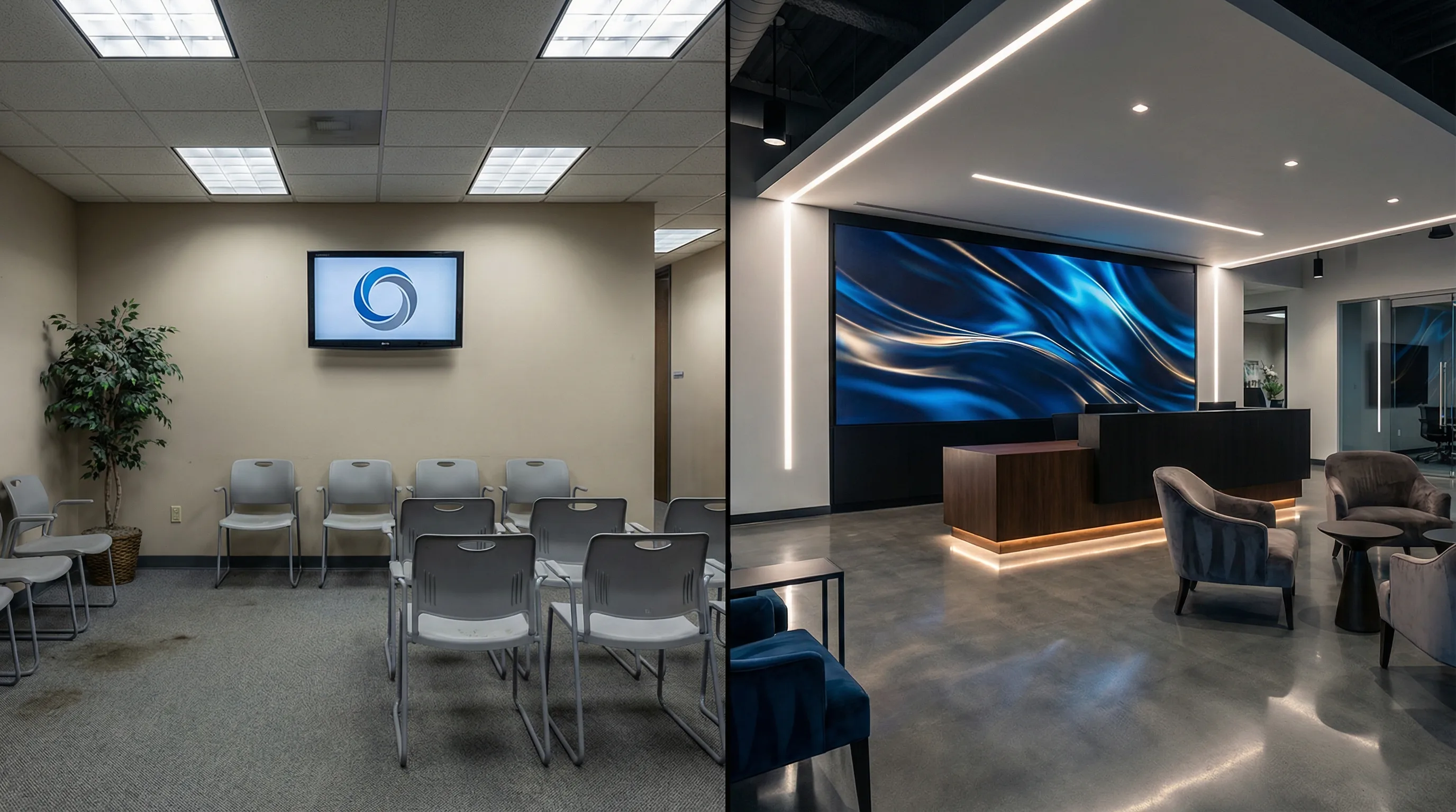 Empfangsbereich vorher nachher Vergleich: Klassischer Wartebereich mit Plastikstühlen links versus moderner Empfang mit LED-Videowall rechts