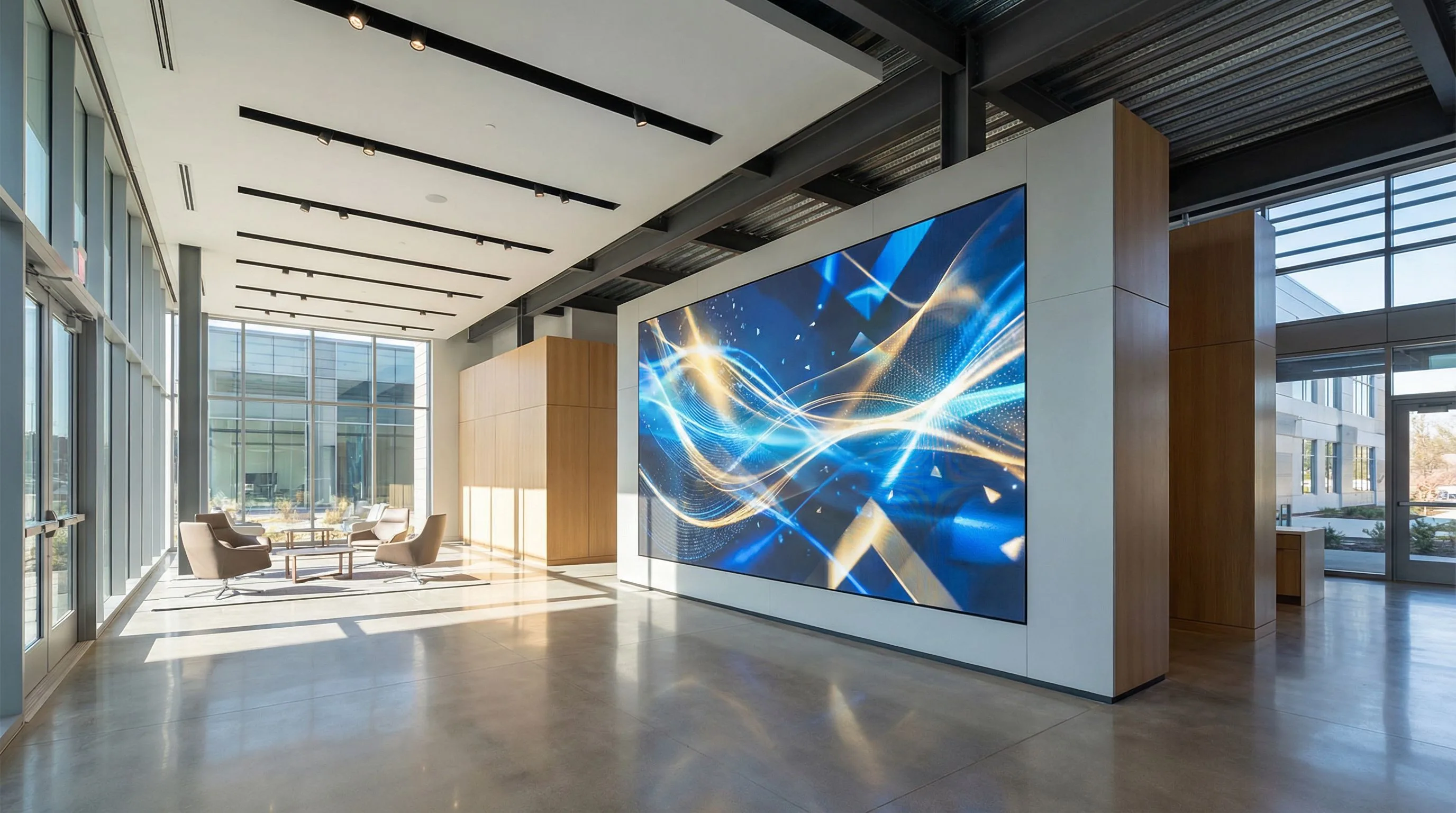 Großformatige geschwungene LED-Videowall hinter einem Empfangstresen aus Marmor und Holz in einer modernen Unternehmenslobby