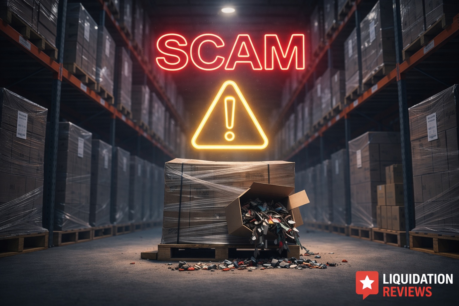 Professional liquidation pallet with caution tape and magnifying glass representing industry scam prevention.