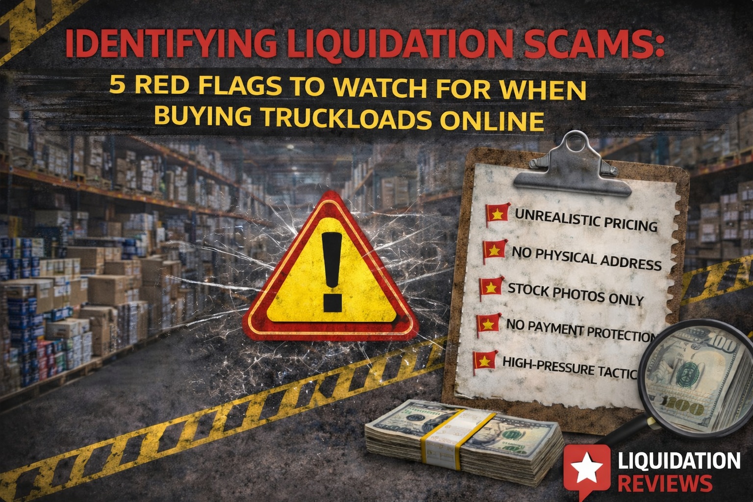 Identifying liquidation scams graphic showing warehouse pallets, warning sign, and five red flags for buying truckloads online