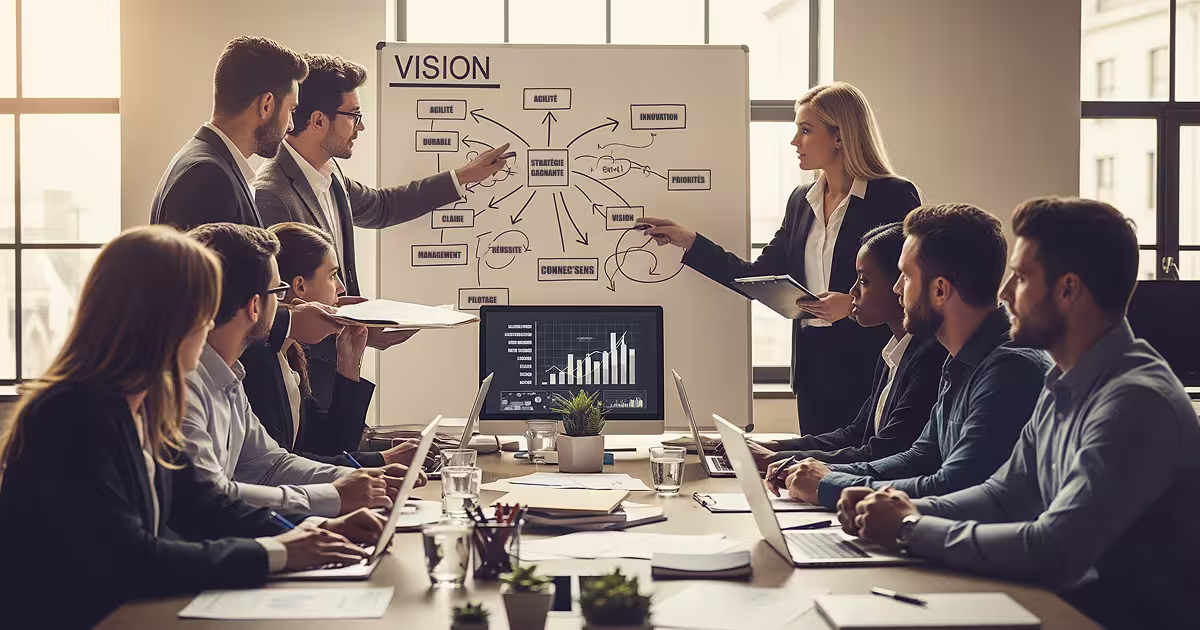 Équipe de professionnels collaborant autour d’un plan stratégique, illustrant la clarté, l’agilité et la mobilisation collective dans la mise en œuvre d’une stratégie gagnante.