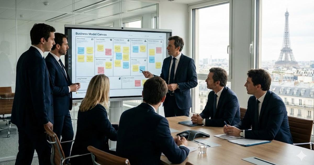 Dirigeants en réunion stratégique construisant un business model résilient avec un Business Model Canvas