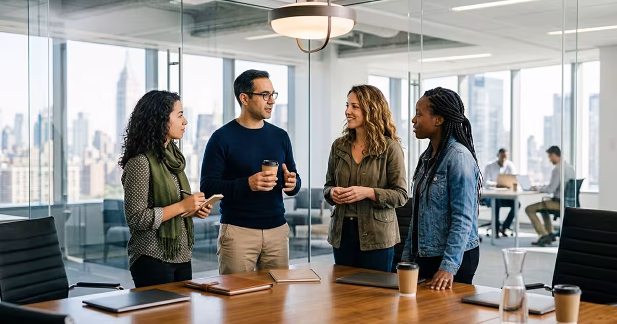 Quatre collaborateurs échangent de manière informelle dans une salle de réunion lumineuse d'un bureau moderne, illustrant le leadership, le management et la cohésion d'équipe.