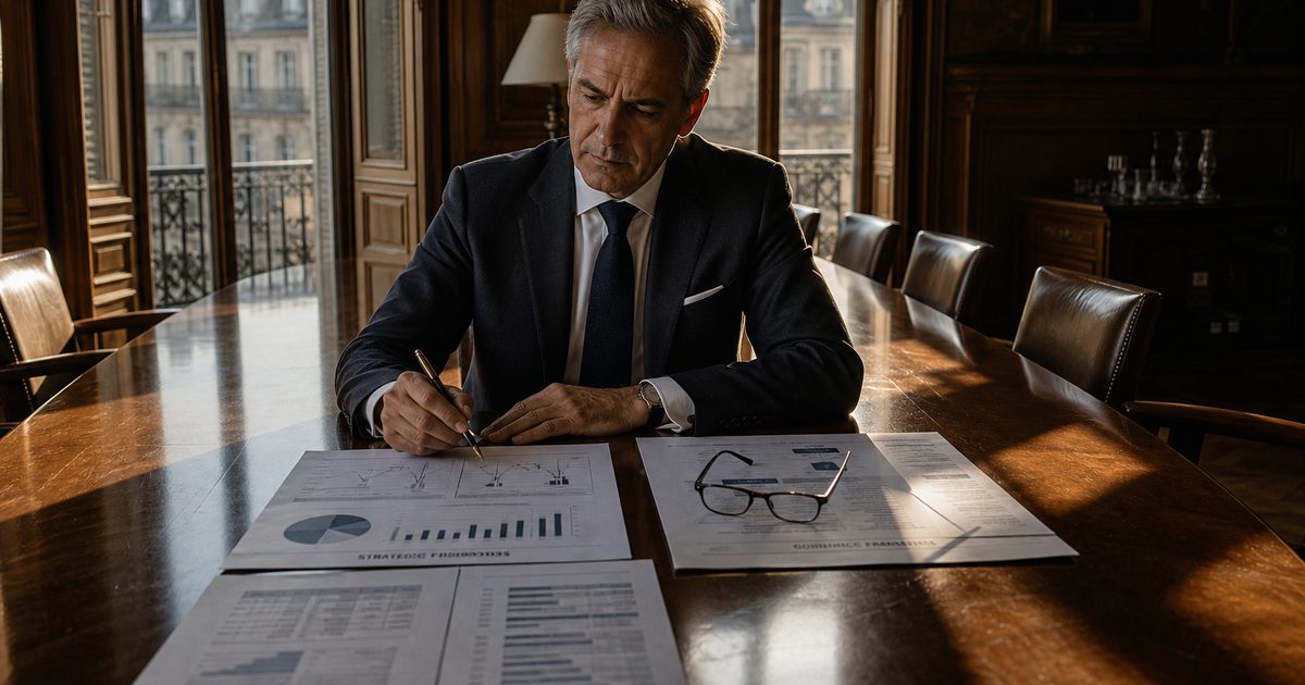 Dirigeant en réunion de gouvernance articulant stratégie et pilotage avec son comité de direction