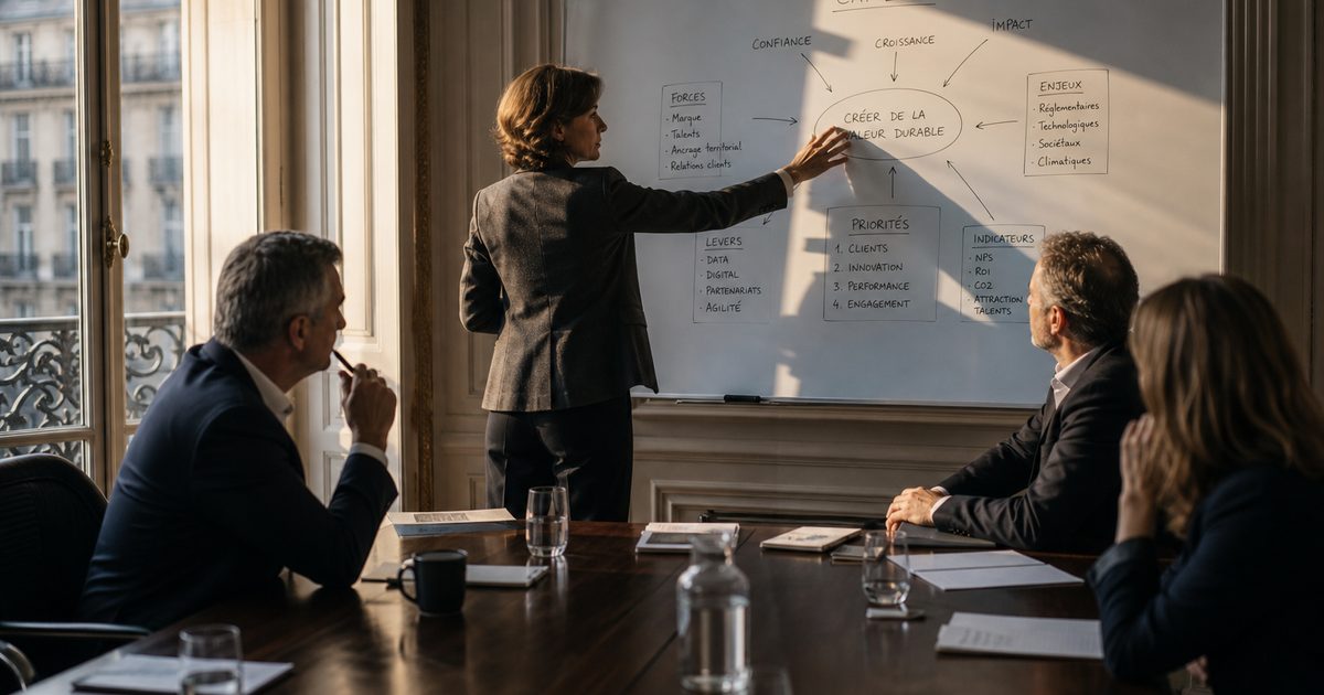 Dirigeants et équipe de direction alignés autour d'une vision stratégique partagée en réunion