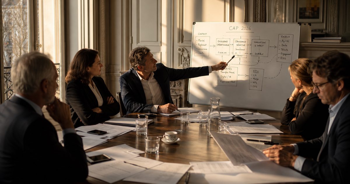 Équipe dirigeante en séance de travail collectif autour d'une table de réunion